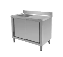 Nerūsējošā tērauda pie sienas novietojams galds ar izlietni kreisajā pusē un skapīti S-100 cm G-60 cm H-85 cm N