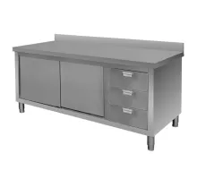Wall-mounted stainless steel table with cabinet and block of 3 drawers S-180 cm G-70 cm H-85 cm N