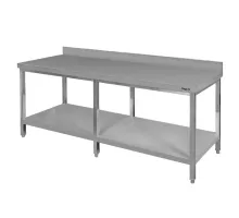 Wall-mounted stainless steel table with shelf and 6 legs S-200 cm G-70 cm H-85 cm N