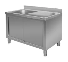 Pie sienas piestiprināms nerūsējošā tērauda galds ar izlietni kreisajā pusē un skapīti S-140 cm G-70 cm H-85 cm N