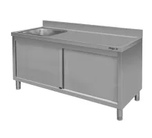 Nerūsējošā tērauda pie sienas galda ar izlietni kreisajā pusē un ar skapi S-160 cm G-60 cm H-85 cm N