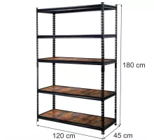 Pro Loft noliktavas plaukts H-180 cm L-120 cm D-45 cm 5 MDF plaukti 6,2 mm koka finieris (275kg) melns N