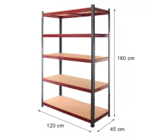 Warehouse Rack Basic Plus H-180 cm L-120 cm G-45 cm 5 shelves made of MDF 6.8 mm (275kg) graphite/red N