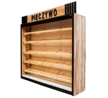 Стеллаж для хлебобулочных изделий с баннером деревянные полки H-244 cm L-247,5 cm G-62 cm Барочный золотой дуб K535 N