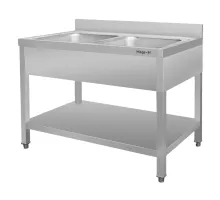 Nerūsējošā tērauda izlietne ar 2 nodalījumiem pie sienas montējama ar plauktu S-120 cm G-70 cm H-85 cm N