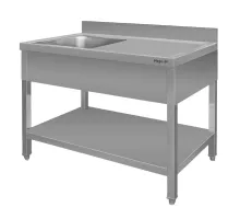 Nerūsējošā tērauda pie sienas stiprināms galds ar izlietni kreisajā pusē un plauktu S-140 cm G-60 cm H-85 cm N