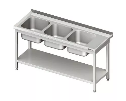 stół ze zlewem 3-kom.(L), z półką 1600x700x850 mm spawany Galds ar trim izlietnēm atstāts, ar plauktu 1600x700x850 mm metināts, Stalgast, 981147160S